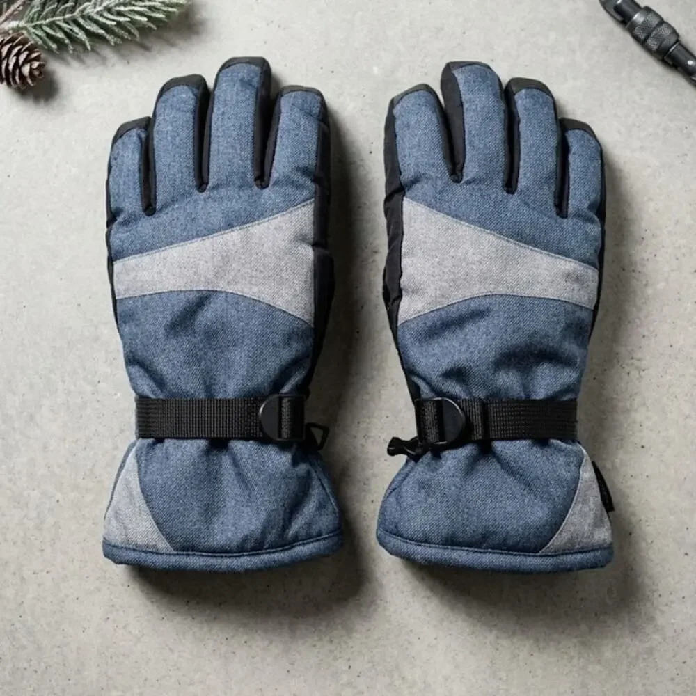 Mens Insulated Winter Ski Snowboard Gloves Blue Denim Look Adjustable Straps
